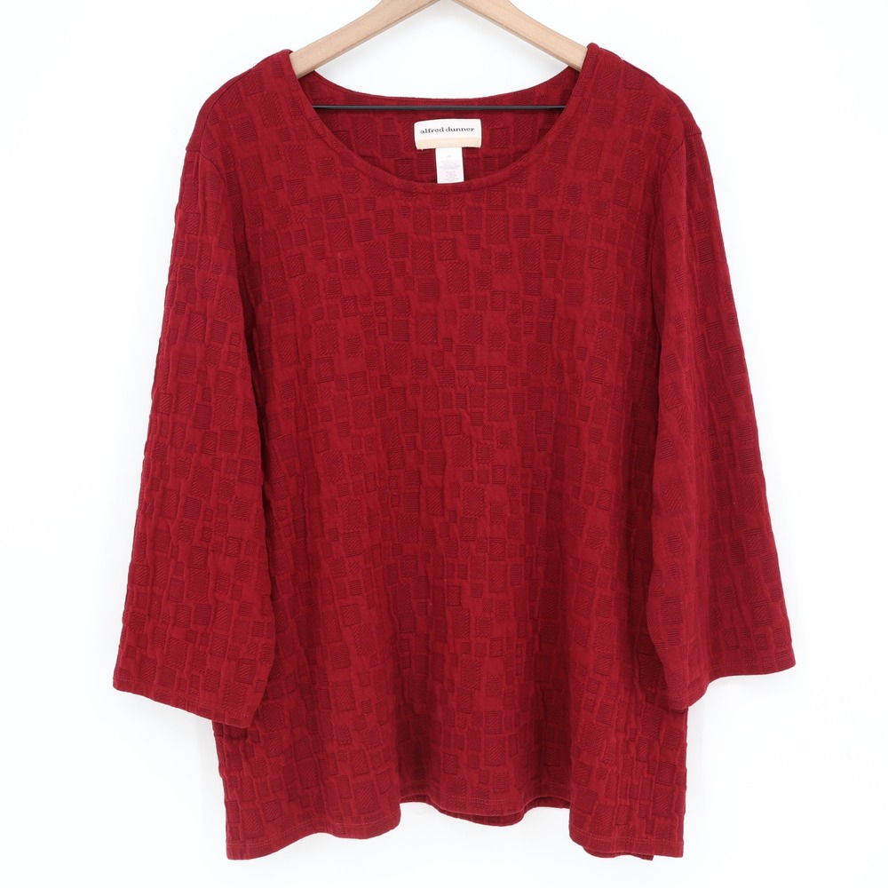 Alfred Dunner Top Women 2X Textured Knit Red 3/4 Sleeve Scoop Neck Excellent